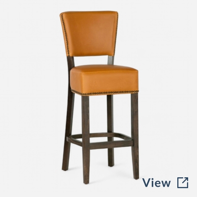 Fully Upholstered Custom Faux-Leather Commercial Dining Bar Stool with Nailhead Trim